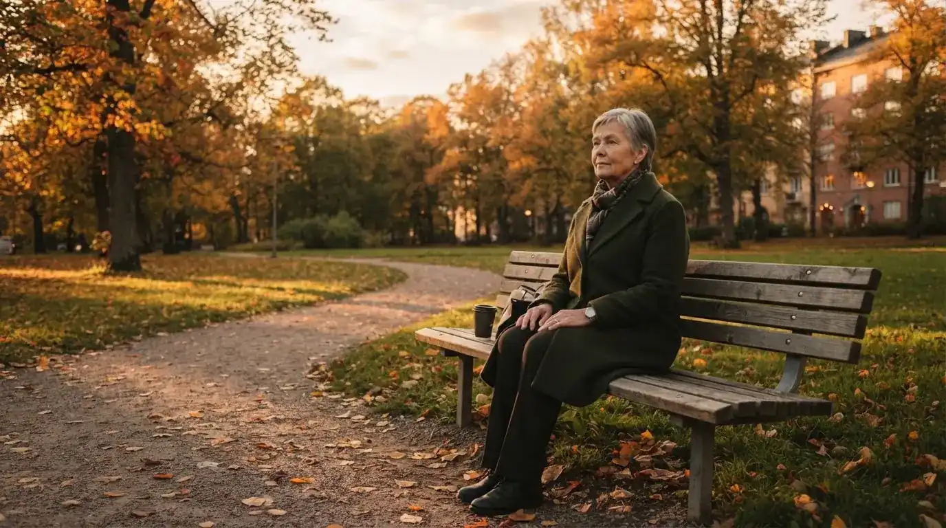 Vanhempi nainen istuu puistonpenkillä syksyisessä valossa katsoen kaukaisuuteen, kahvikuppi vierellä.